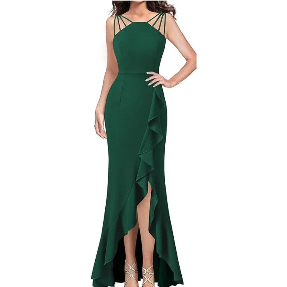 VFSHOW Women Formal Spaghetti Strap Ruffles Mermaid Dress Sz: S Dark Green